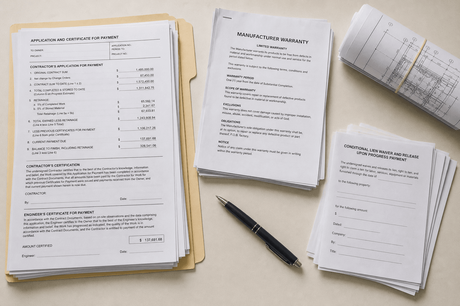Closeout paperwork on a desk: a payment application, manufacturer warranties, a rolled set of as-built drawings and a stack of lien waivers.